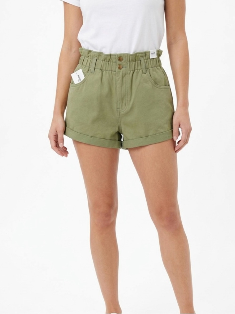 American Bazi Green High Waist Paperbag Shorts Cuffed Size S